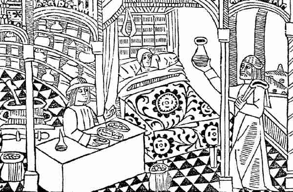 Рис. 10. Визит врача и консультация аптекаря. Врач рассматривает мочу больного (гравюра из книги Bartholomaeus de Glanvffla, Тулуза, 1494)