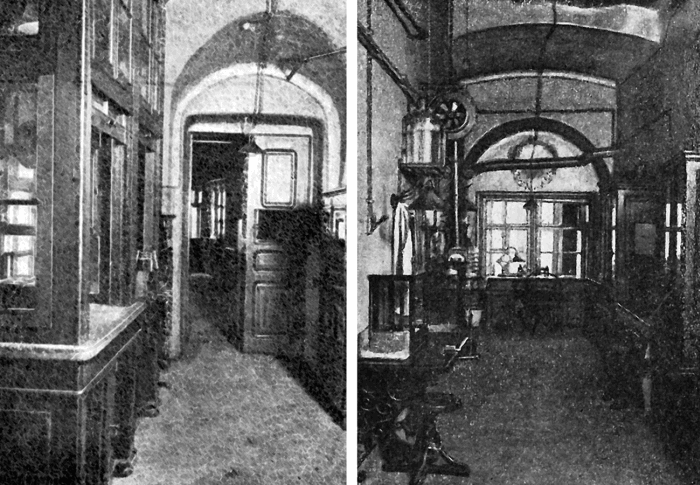Рис. 1.8. Бактериологические лаборатории второго этажа форта «Александр I». На правой фотографии видна система вентиляции. Однако неизвестно была ли она приточно-вытяжной. По Н. М. Берестеневу (1907)